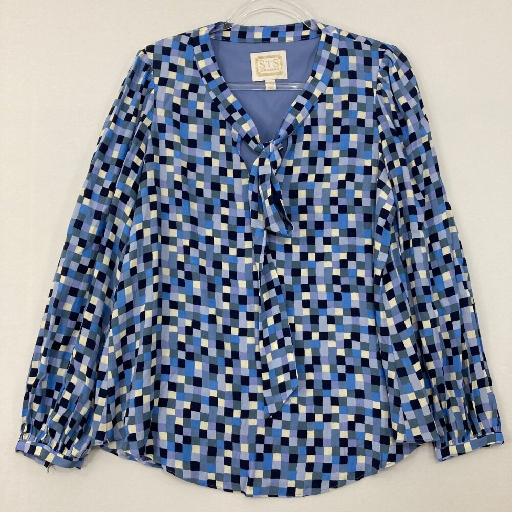 Sail To Sable Medium‎ Blue Geometric Tie Front Long Sleeve Blouse Office Career